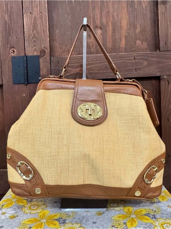 Emma Fox Handbags - Emma Fox Straw Satchel with Tan Leather Trim and Gold Hardware